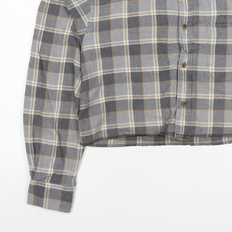 Lands' End Unisex Grey S Cropped Plaid Cotton Button-Up Shirt