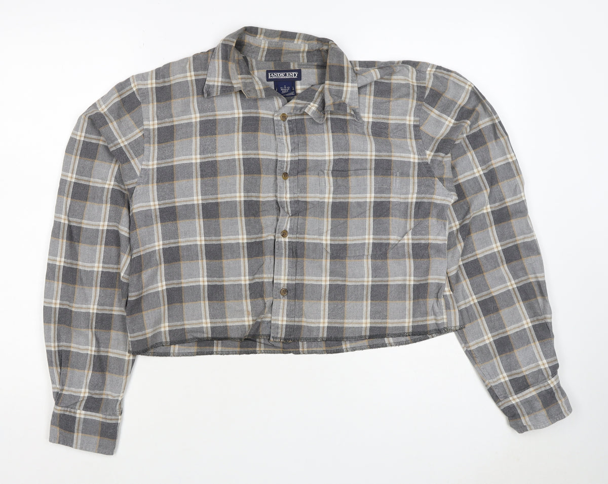 Lands' End Unisex Grey S Cropped Plaid Cotton Button-Up Shirt
