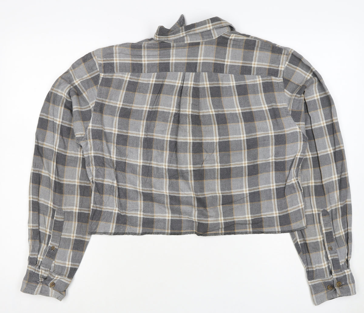 Lands' End Unisex Grey S Cropped Plaid Cotton Button-Up Shirt