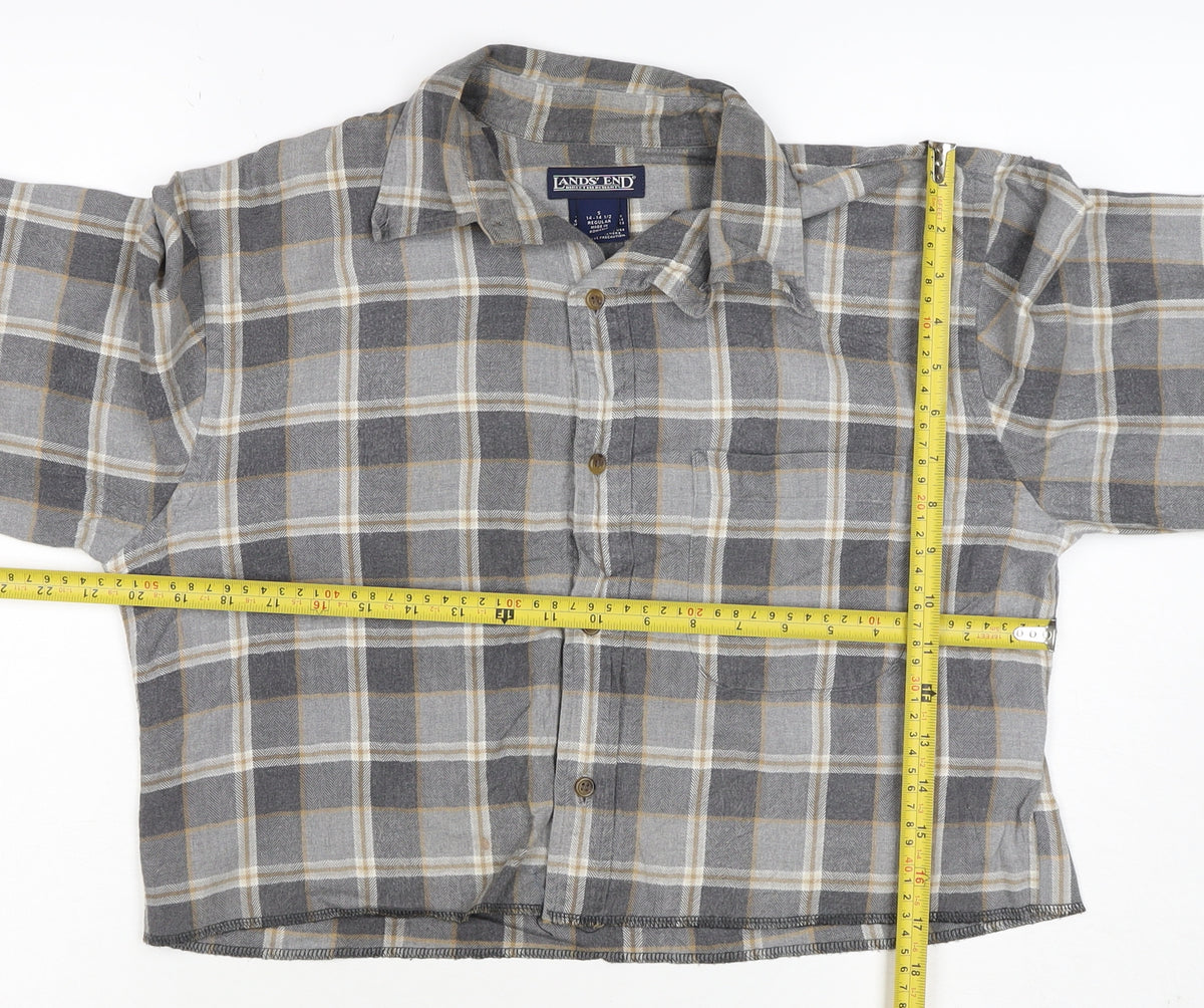 Lands' End Unisex Grey S Cropped Plaid Cotton Button-Up Shirt
