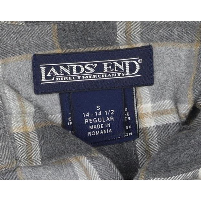 Lands' End Unisex Grey S Cropped Plaid Cotton Button-Up Shirt