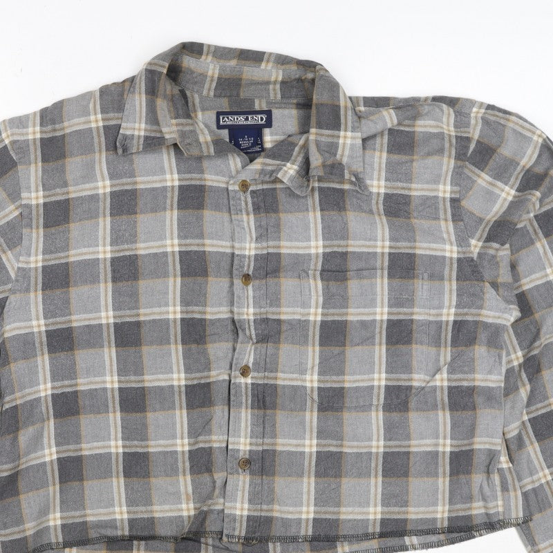 Lands' End Unisex Grey S Cropped Plaid Cotton Button-Up Shirt