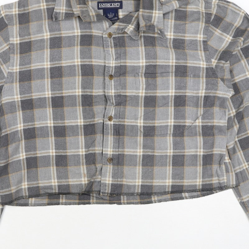 Lands' End Unisex Grey S Cropped Plaid Cotton Button-Up Shirt