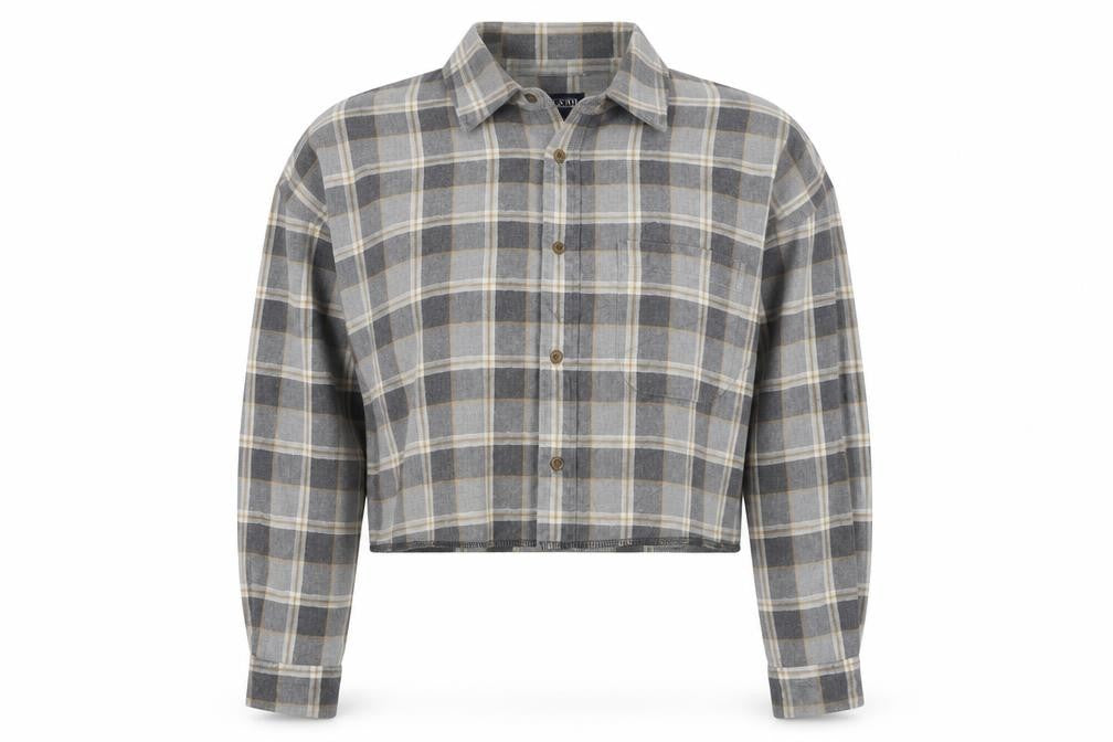 Lands' End Unisex Grey S Cropped Plaid Cotton Button-Up Shirt
