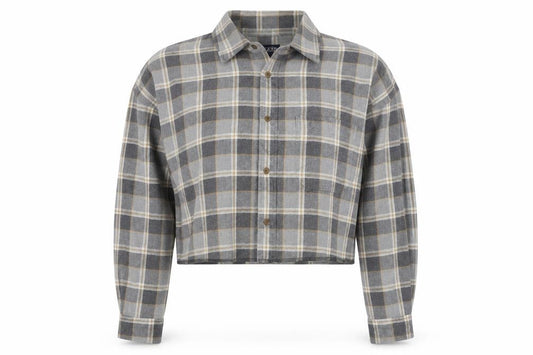 Lands' End Unisex Grey S Cropped Plaid Cotton Button-Up Shirt