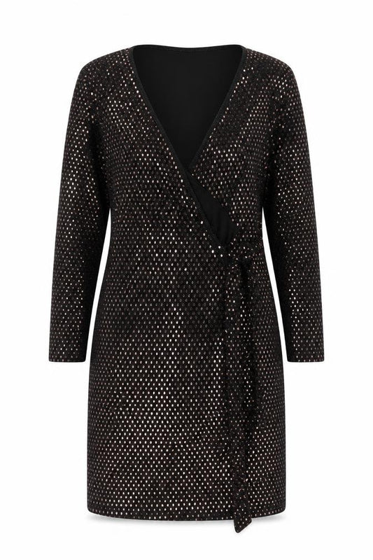 Blue Vanilla Women Black Metallic Wrap Dress UK 14 Long Sleeve Party