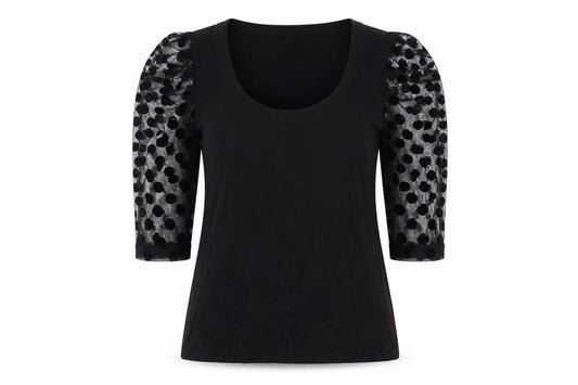 Sosandar Women Black UK 10 V-Neck Polka Dot Mesh Puff Sleeve Blouse