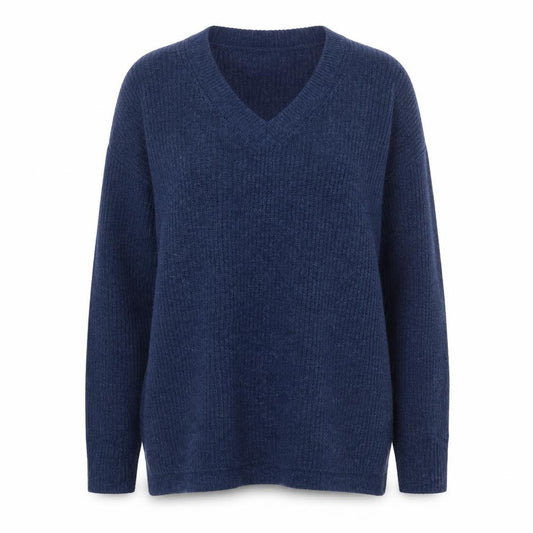 WoolOvers Women Blue Merino Cashmere V-Neck Knit Jumper Size L