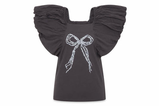 Karinna Women Black UK 16 Sequin Bow Square Neck Puff Sleeve Blouse