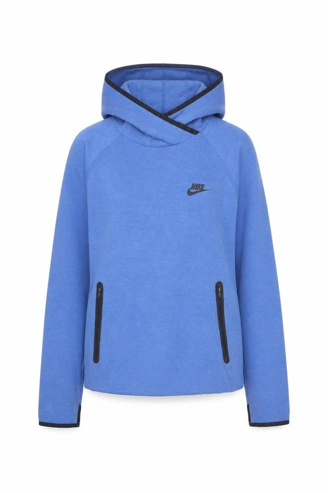 Nike Women Blue L Pullover Hoodie Logo Zip Pockets Tech Fleece