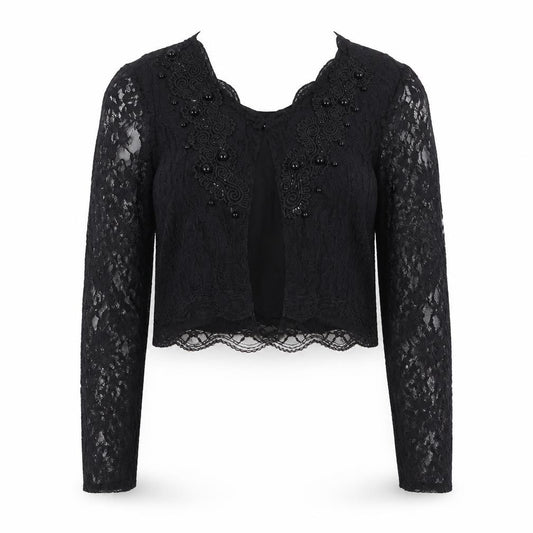 River Island Women Black UK 10 Cropped Lace Beaded Long Sleeve Blouse