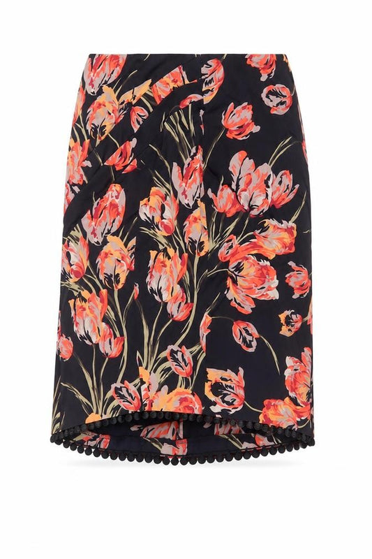 Karen Millen Women's Black Floral Wrap Knee Skirt UK 12 Pom Pom Trim