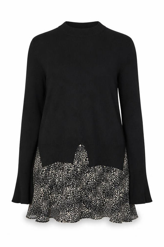 New Look Women Black UK 16 Mock Neck Animal Print Ruffle Hem Tunic Jumper