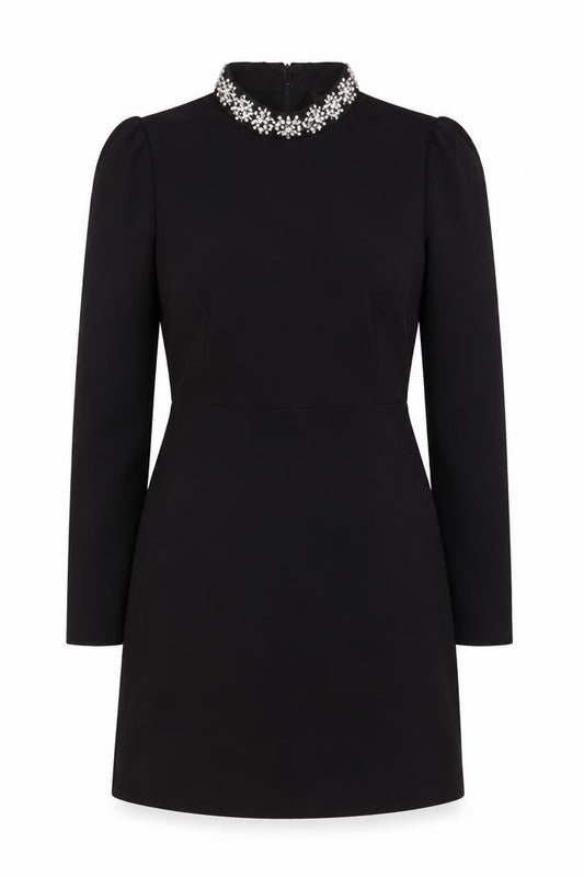 Warehouse Women Black UK 12 Beaded High Neck Long Sleeve Sheath Dress