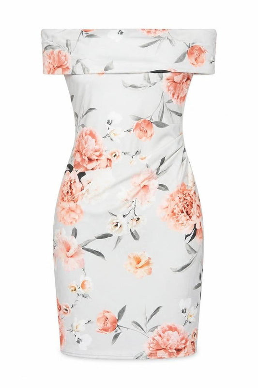 Quiz Women Grey Pink Floral Off Shoulder Bodycon Knee Dress UK 16