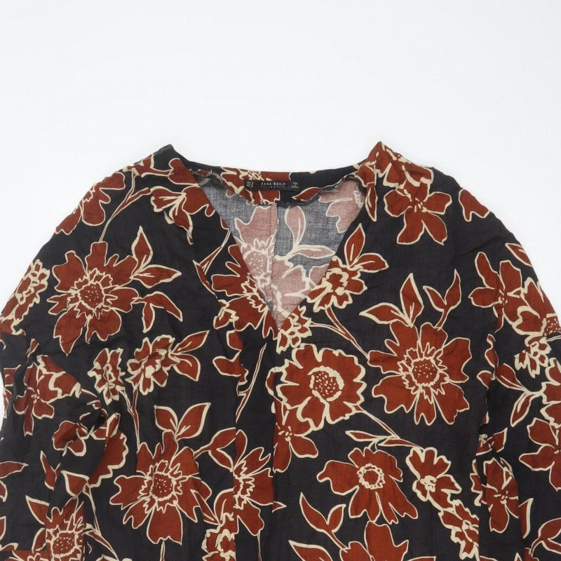 Zara Basic Women’s Black Floral V-Neck 3/4 Sleeve Tunic Blouse M
