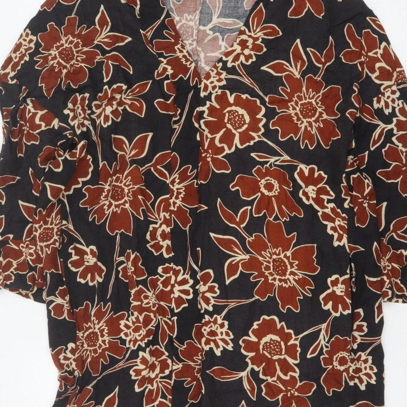 Zara Basic Women’s Black Floral V-Neck 3/4 Sleeve Tunic Blouse M