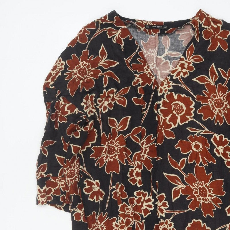 Zara Basic Women’s Black Floral V-Neck 3/4 Sleeve Tunic Blouse M