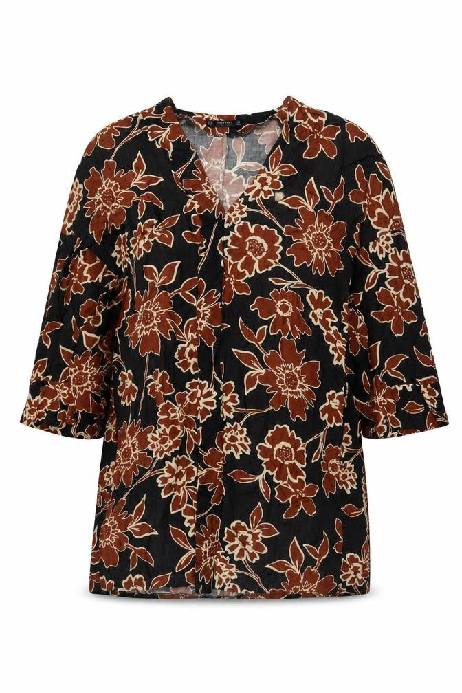 Zara Basic Women’s Black Floral V-Neck 3/4 Sleeve Tunic Blouse M