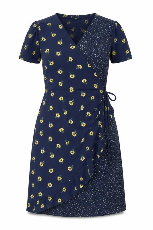 Warehouse Women’s Blue Floral Wrap Dress UK 18 Knee Length V-Neck