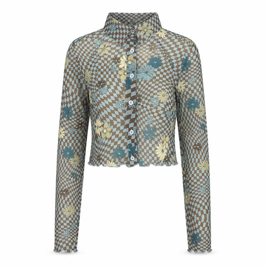 Bershka Women’s Blue Brown Floral Mesh Cropped Button-Up Shirt UK 6