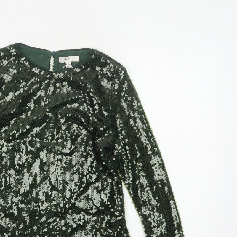 Marks and Spencer Women Green Sequin Long Sleeve Blouse Size 12