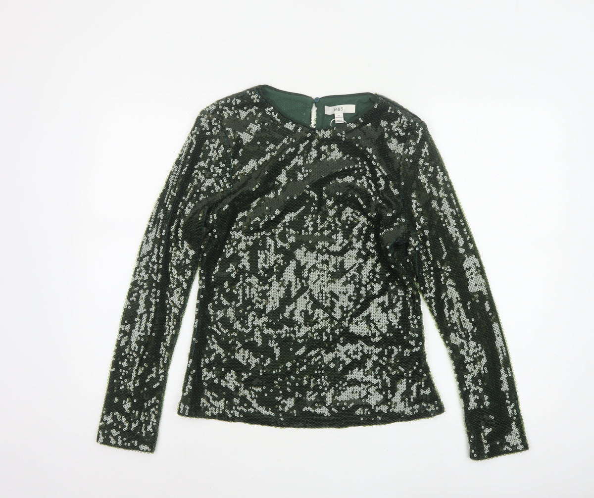 Marks and Spencer Women Green Sequin Long Sleeve Blouse Size 12