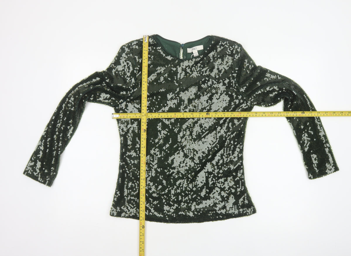 Marks and Spencer Women Green Sequin Long Sleeve Blouse Size 12