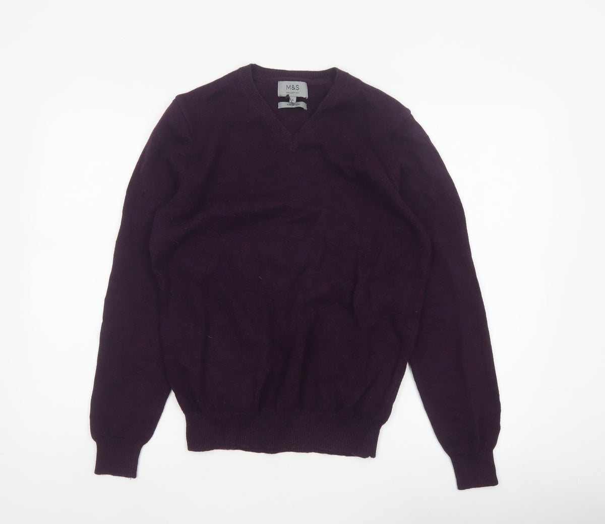 Marks and Spencer Men Purple S V-Neck Pure Cotton Pullover Jumper