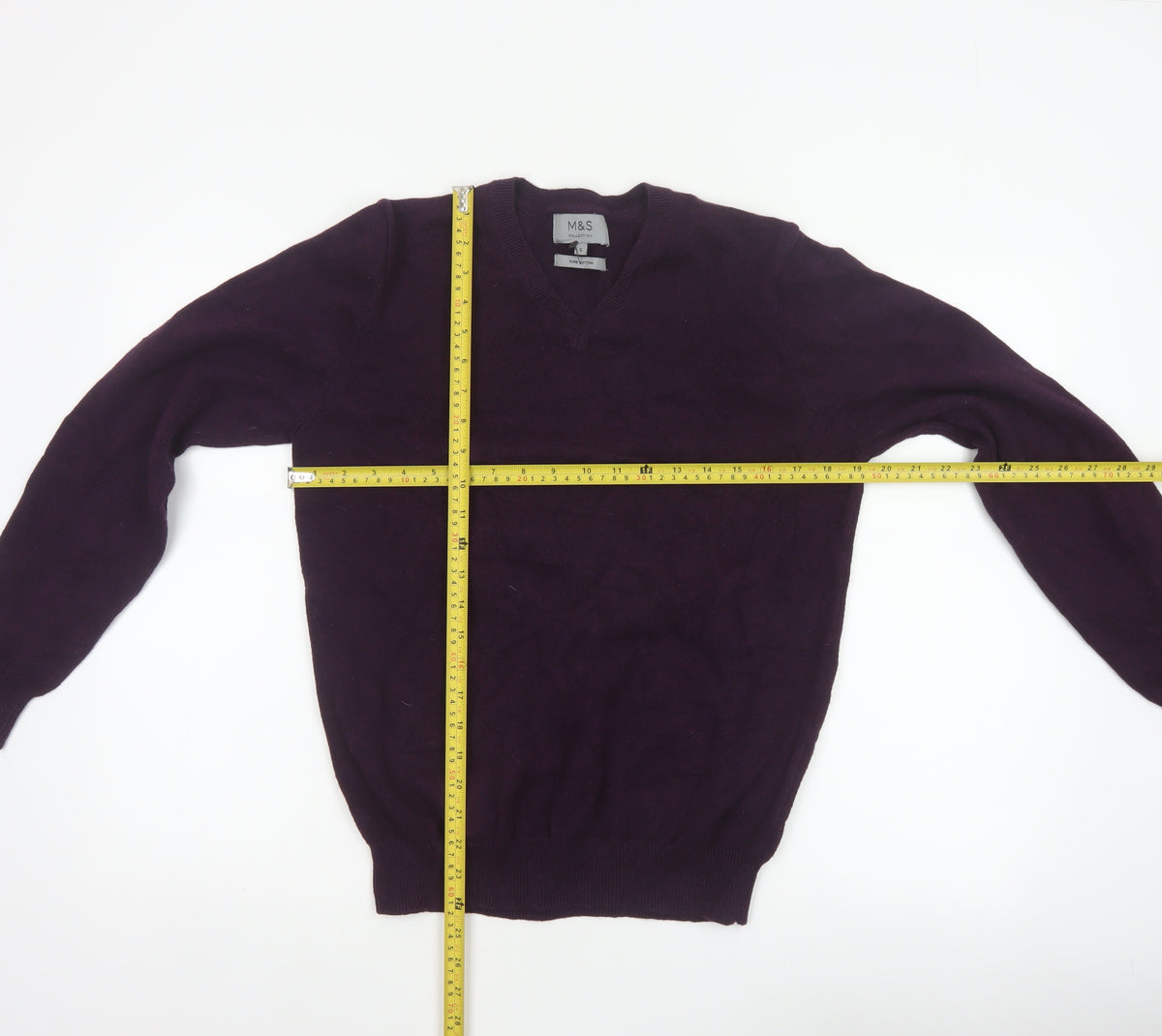 Marks and Spencer Men Purple S V-Neck Pure Cotton Pullover Jumper
