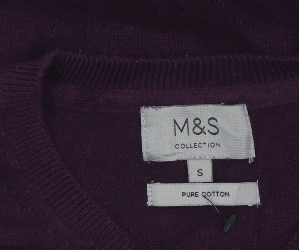 Marks and Spencer Men Purple S V-Neck Pure Cotton Pullover Jumper