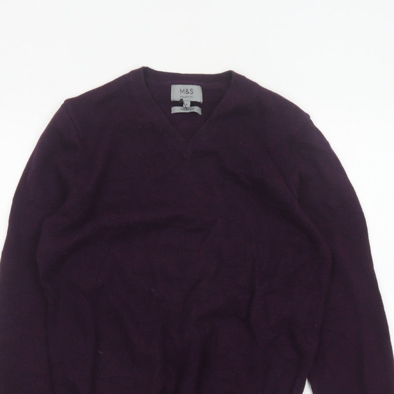 Marks and Spencer Men Purple S V-Neck Pure Cotton Pullover Jumper