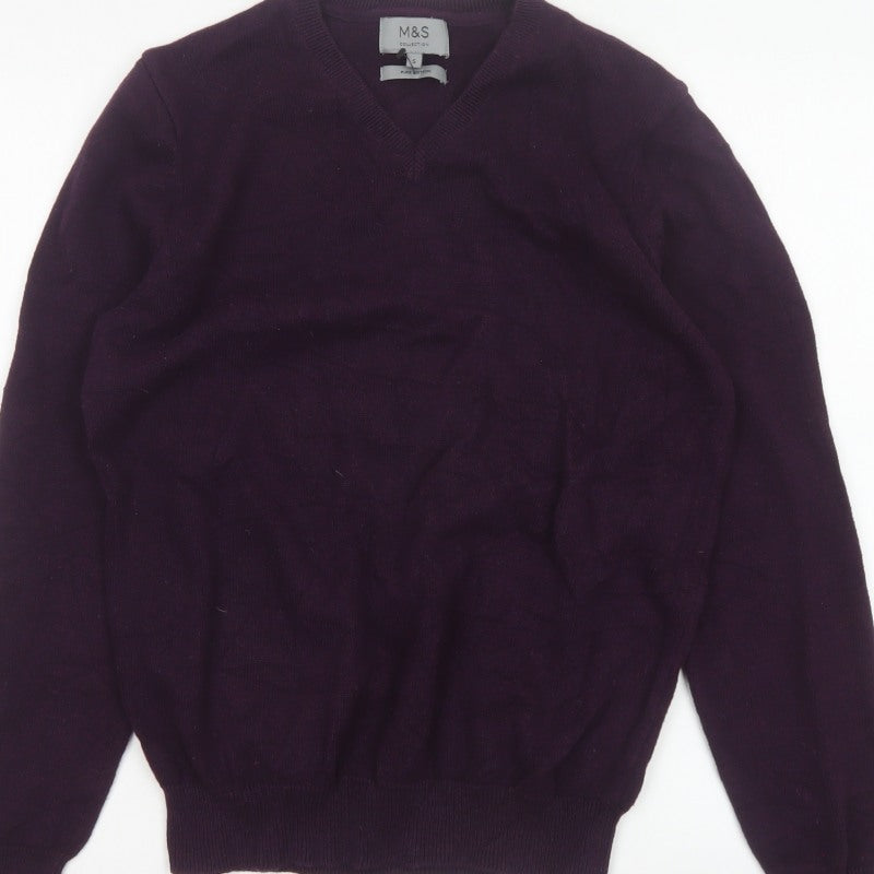 Marks and Spencer Men Purple S V-Neck Pure Cotton Pullover Jumper