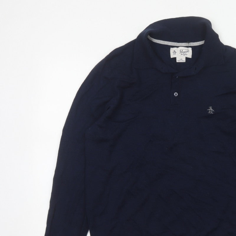 Original Penguin Men's Blue L Merino Wool Blend Collared Henley Jumper
