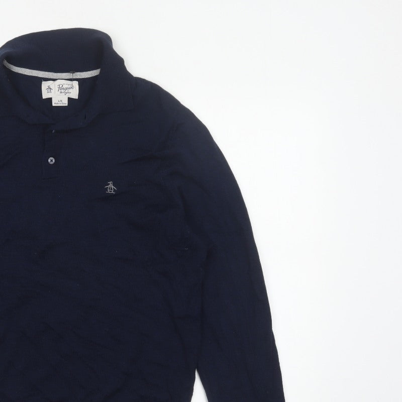 Original Penguin Men's Blue L Merino Wool Blend Collared Henley Jumper