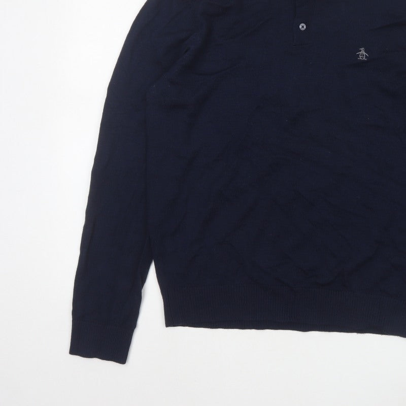 Original Penguin Men's Blue L Merino Wool Blend Collared Henley Jumper