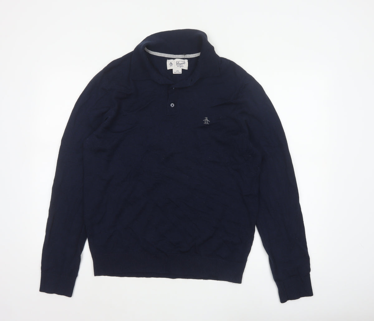 Original Penguin Men's Blue L Merino Wool Blend Collared Henley Jumper