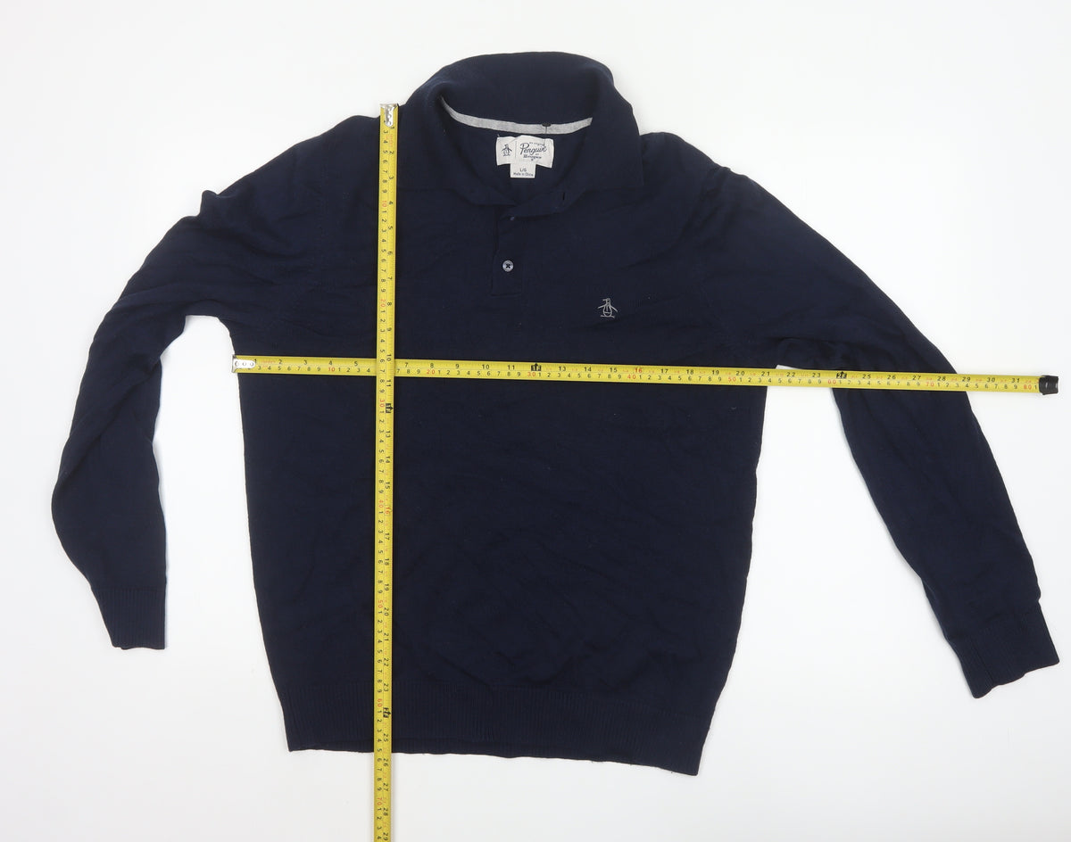 Original Penguin Men's Blue L Merino Wool Blend Collared Henley Jumper