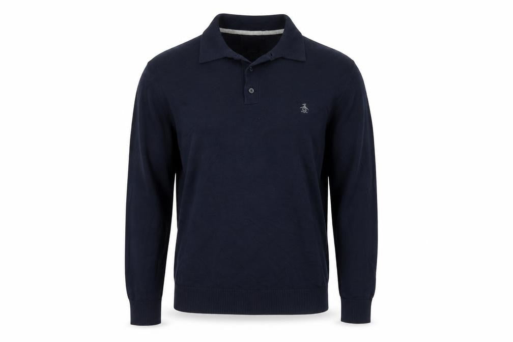 Original Penguin Men's Blue L Merino Wool Blend Collared Henley Jumper