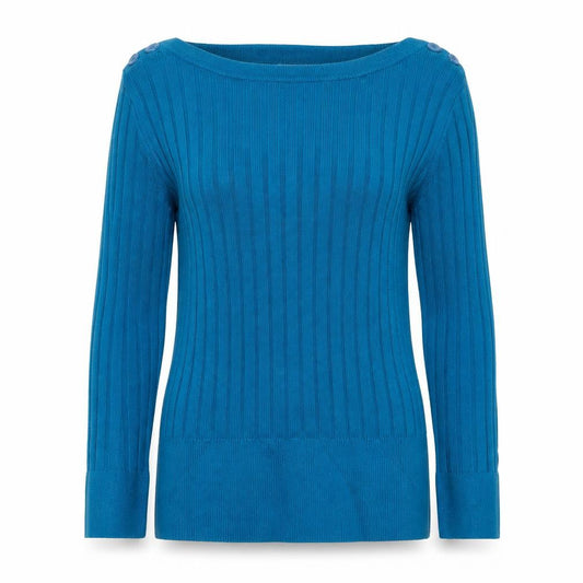 Monsoon Women’s Blue M Rib Knit Boat Neck Button Shoulder Jumper