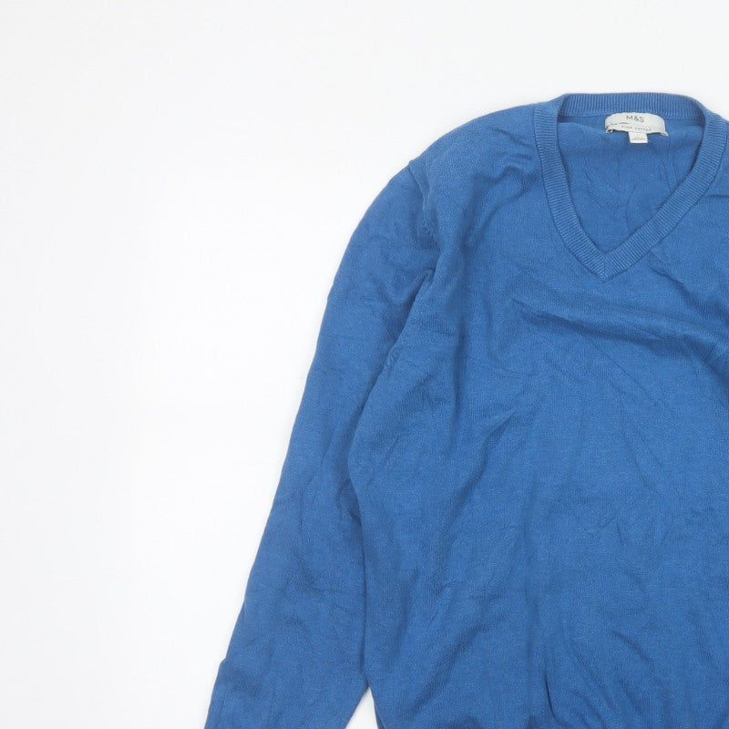 Marks and Spencer Men Blue L Cotton V-Neck Pullover Jumper