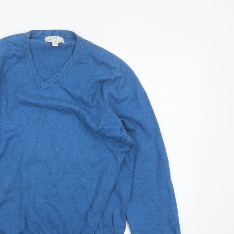 Marks and Spencer Men Blue L Cotton V-Neck Pullover Jumper