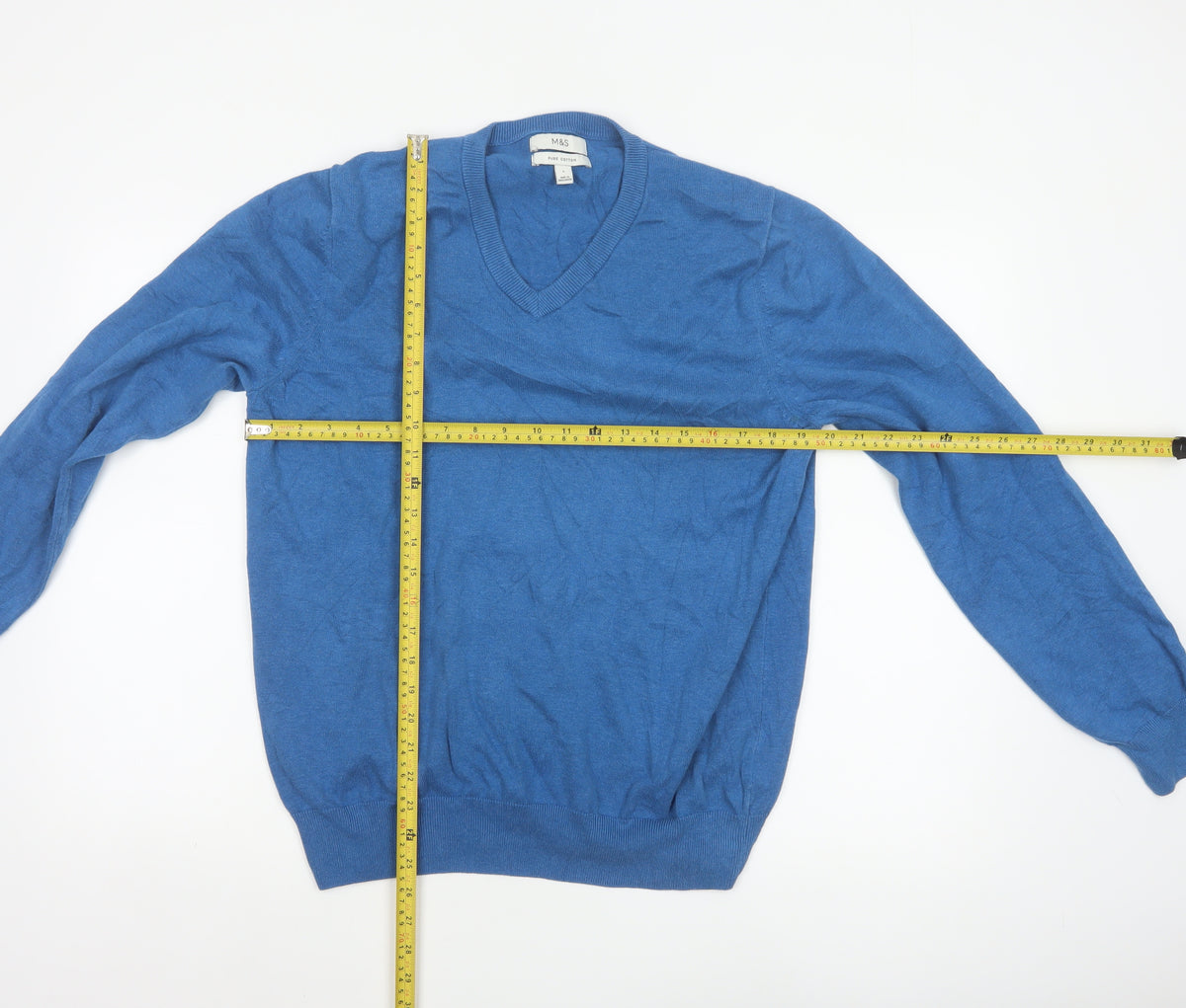 Marks and Spencer Men Blue L Cotton V-Neck Pullover Jumper