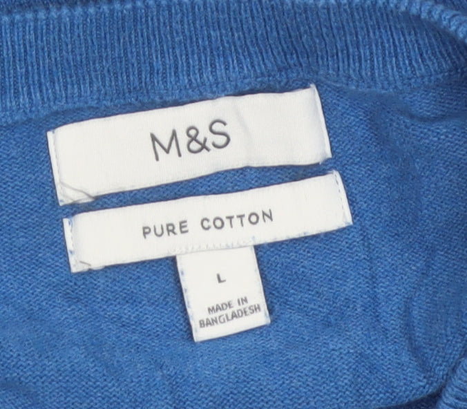 Marks and Spencer Men Blue L Cotton V-Neck Pullover Jumper