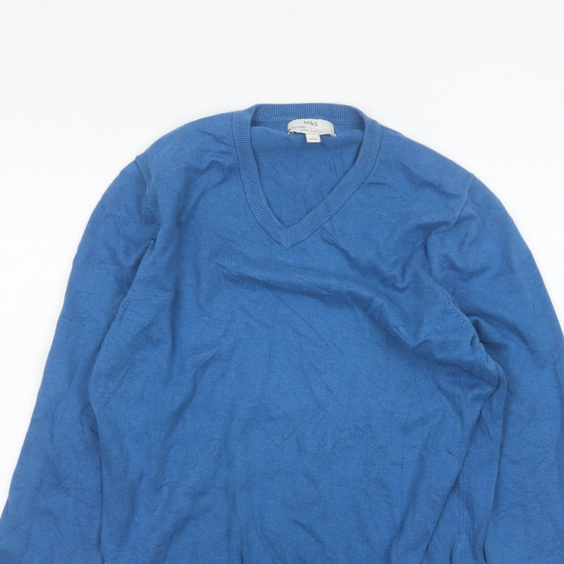 Marks and Spencer Men Blue L Cotton V-Neck Pullover Jumper