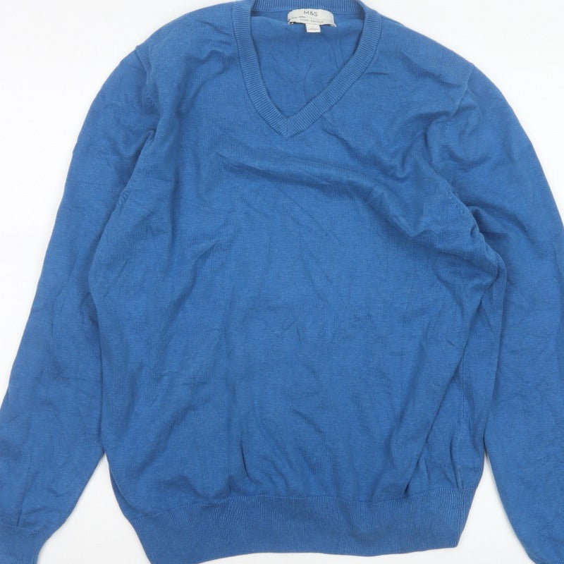 Marks and Spencer Men Blue L Cotton V-Neck Pullover Jumper