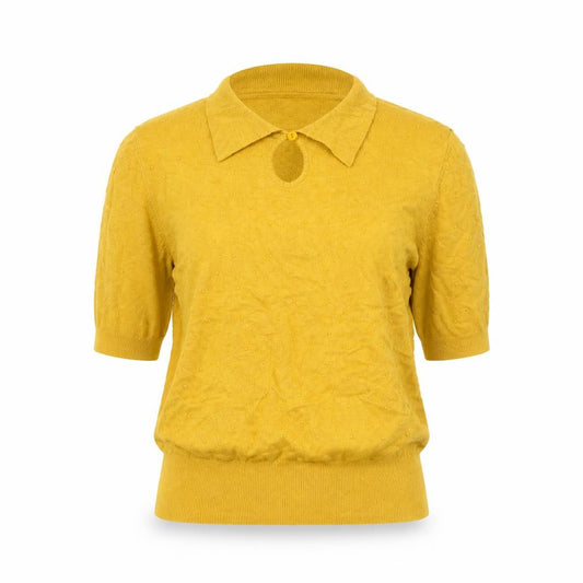 Louche Women Yellow Size 12 Collared 3/4 Sleeve Viscose Knit Top