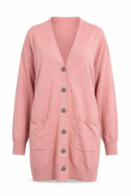 Next Women Pink UK 12 Longline V-Neck Button Knit Cardigan with Pockets