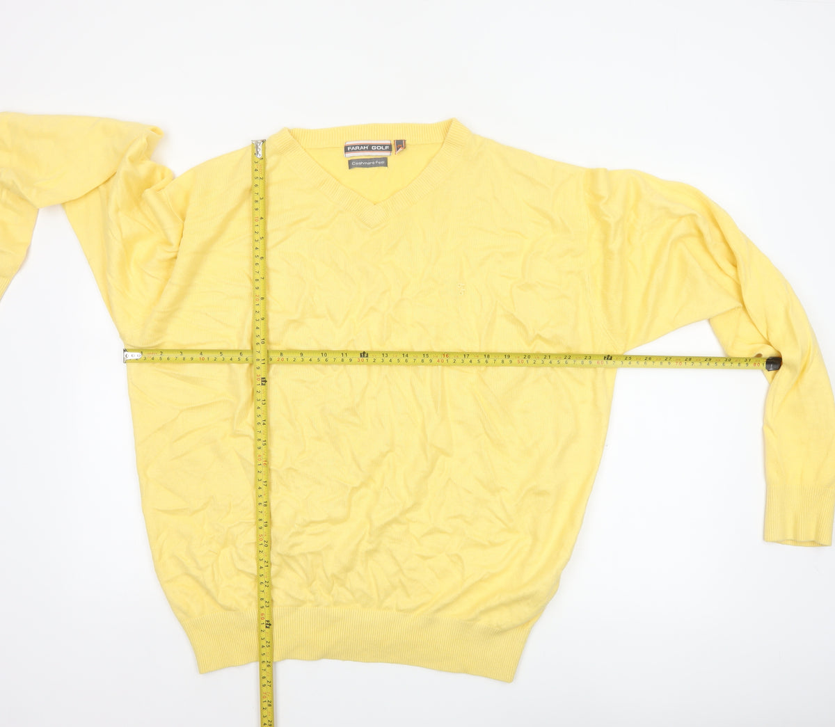 Farah Golf Men’s Yellow L V-Neck Logo Acrylic Knit Pullover Jumper