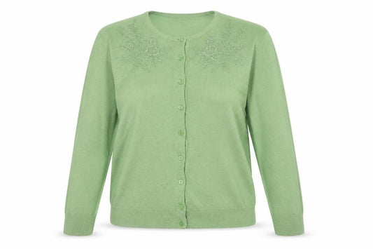 Marks & Spencer Women Green UK 14 Floral Embroidered Knit Cardigan